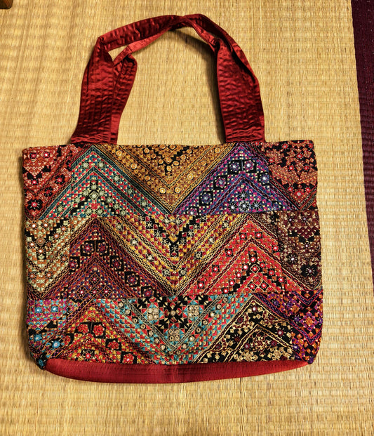 Pure Silk Maroon Multicolour Kutch Hand-Embroidered Big Tote Bag