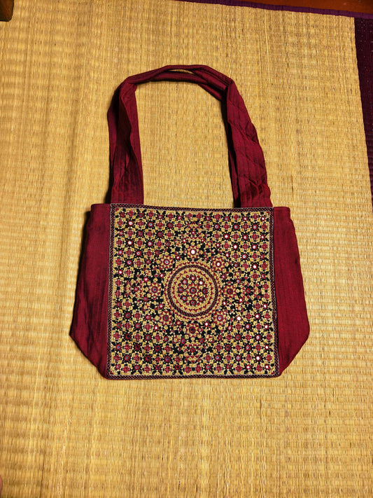 Maroon & Black Kutch Hand-Embroidered Mirror Work Pure Silk Hand Bags