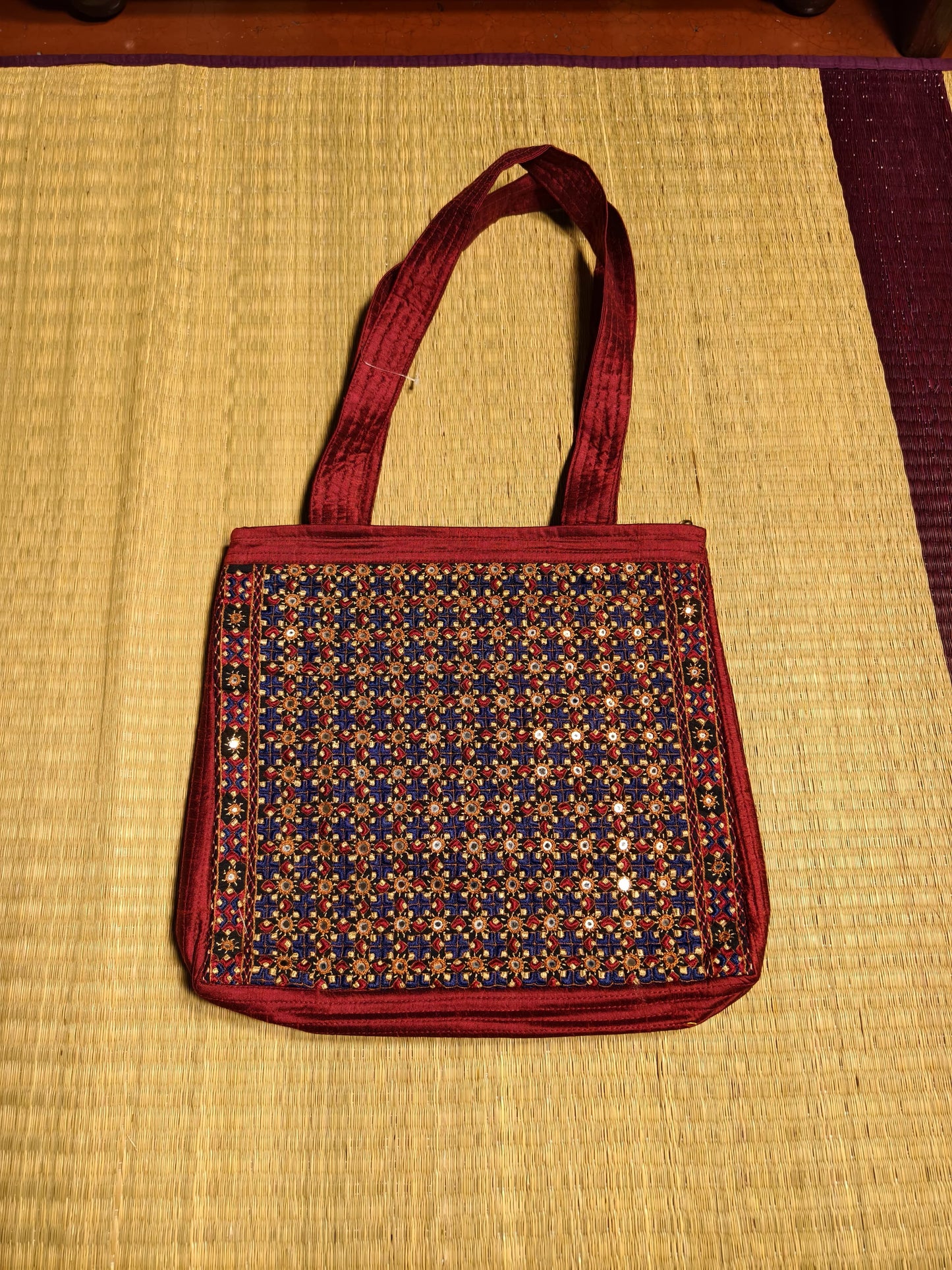 Maroon & Blue Kutch Hand-Embroidered Mirror Work Pure Silk Hand Bags