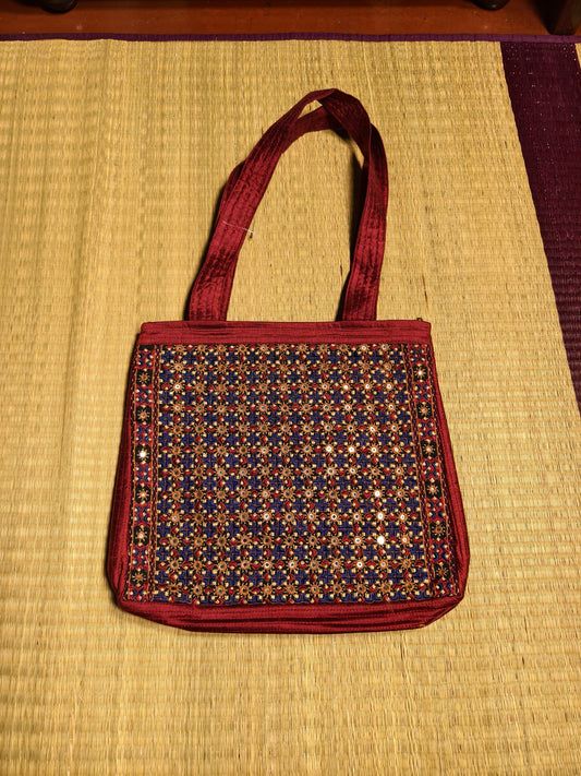 Maroon & Blue Kutch Hand-Embroidered Mirror Work Pure Silk Hand Bags
