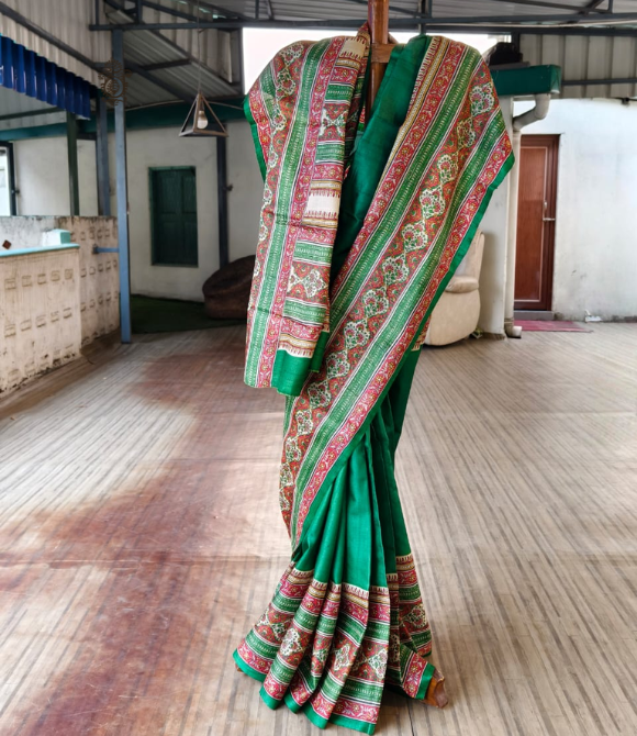 Pure Gachhi Bengal Tussar Saree Deep Green