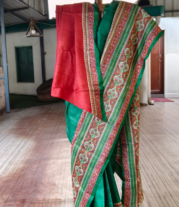 Pure Gachhi Bengal Tussar Saree Deep Green