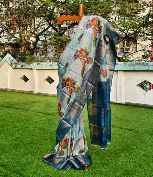 Pure Zari Tussar Hand Embroidery Saree Greyish Blue