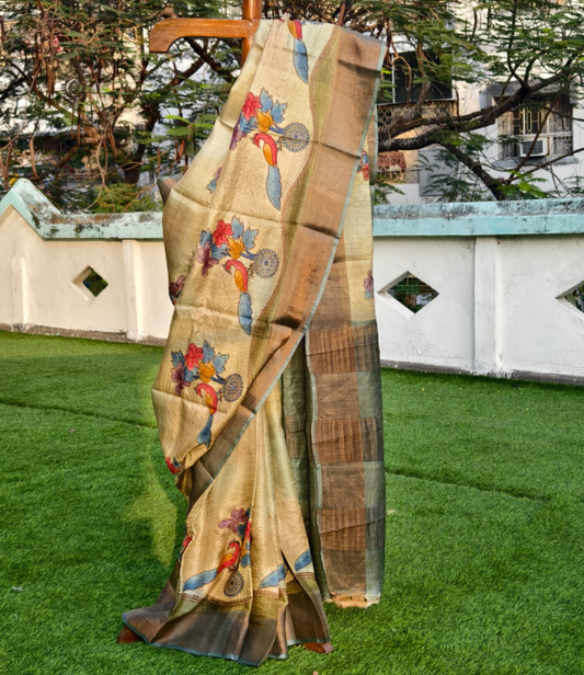 Pure Zari Tussar Hand Embroidery Saree Sage Green