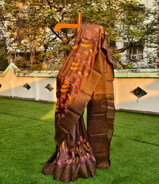 Pure Zari Tussar Saree Brown Variant 3