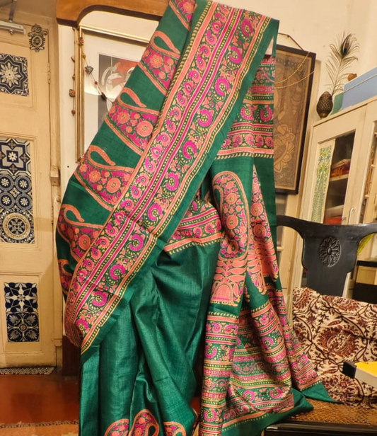 Pure Gachhi Bengal Tussar Saree Deep Green