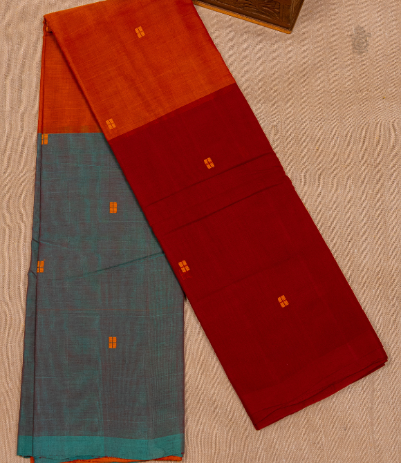 Chettinad Handloom Cotton Saree Light Blue Orange Red