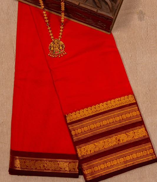 Chettinad Handloom Cotton Saree Red Magenta Border