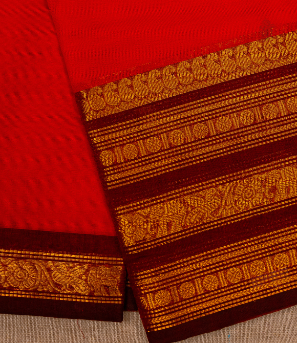 Chettinad Handloom Cotton Saree Red Magenta Border