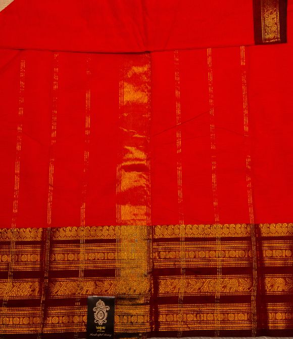 Chettinad Handloom Cotton Saree Red Magenta Border