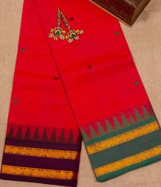 Chettinad Handloom Cotton Saree Red Ganga Jamuna Border