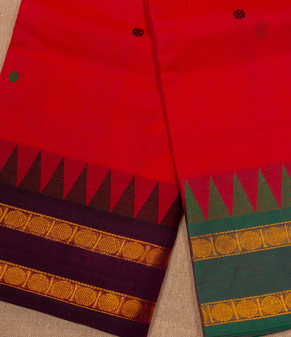 Chettinad Handloom Cotton Saree Red Ganga Jamuna Border