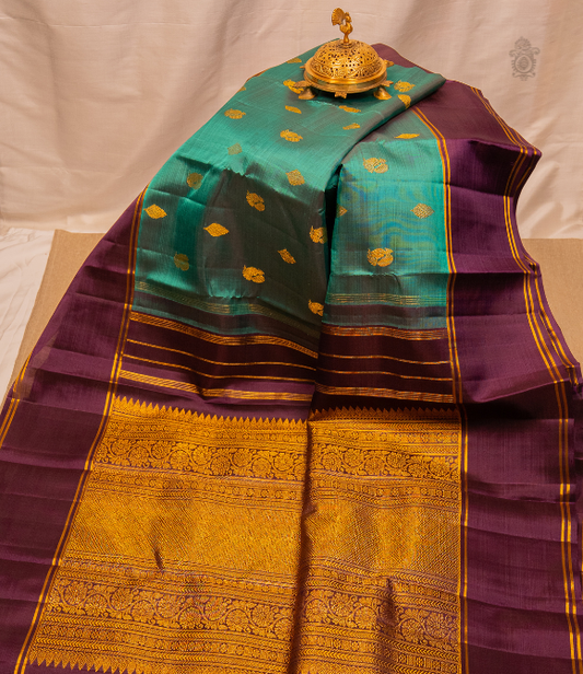 Pure Zari Kanjivaram Saree - Blue & Coffee Border