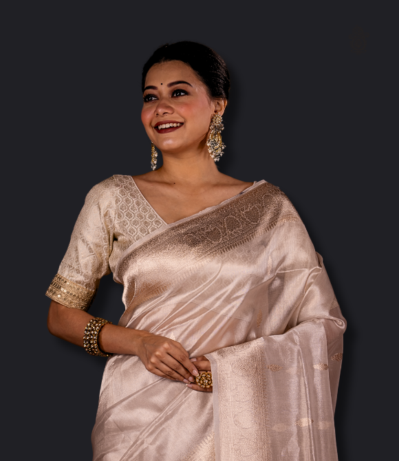 Handwoven Pure Katan Silk Tissue Brocade Benarasi Saree Silver