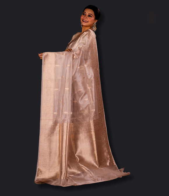 Handwoven Pure Katan Silk Tissue Brocade Benarasi Saree Silver