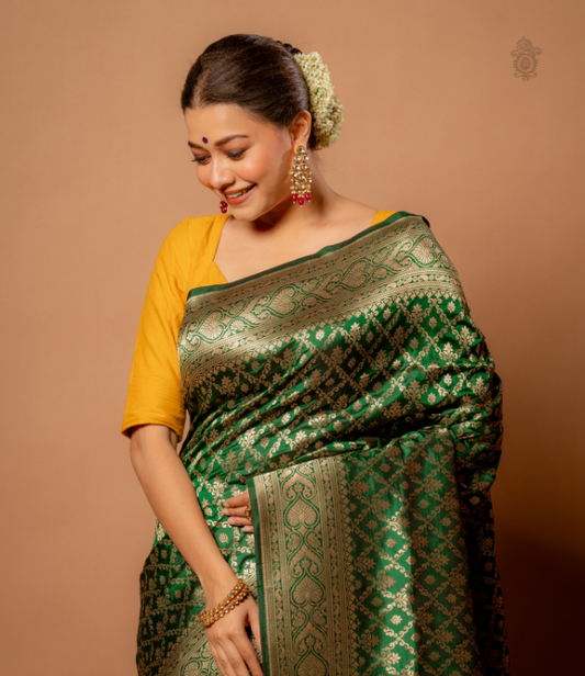 Handwoven Pure Benarasi Katan Silk Saree Deep Green