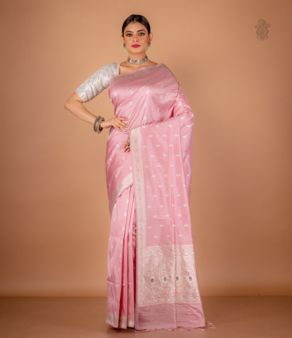 Handwoven Pure Katan Silk Kadhua Benarasi Saree Light Pink