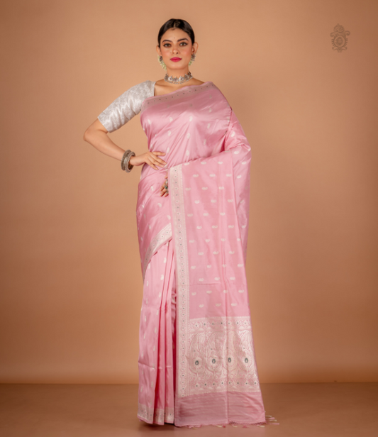 Handwoven Pure Katan Silk Kadhua Benarasi Saree Light Pink