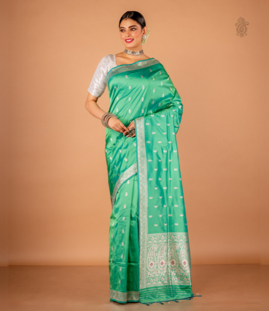 Handwoven Pure Katan Silk Kadhua Benarasi Saree Aqua Green