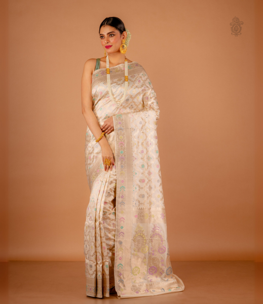 Handwoven Pure Katan Benarasi Saree Cream