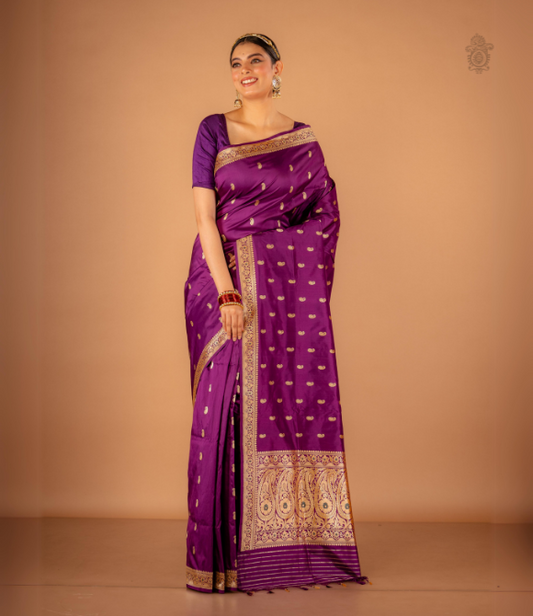 Handwoven Pure Katan Silk Kadhua Benarasi Saree Purple