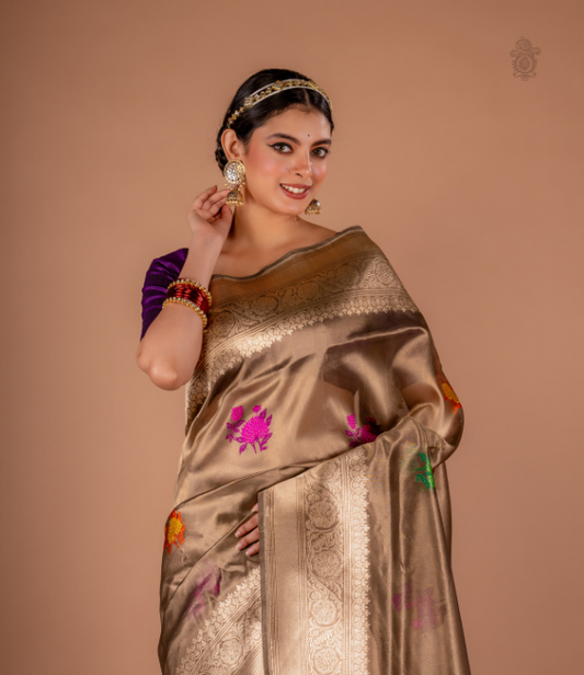 Handwoven Pure Katan Silk Tissue Brocade Benarasi Saree Brown