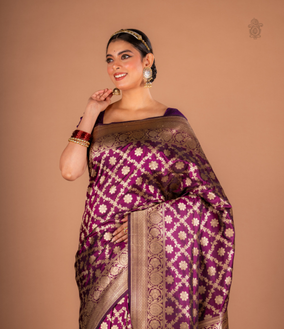 Handwoven Pure Katan Grand Bridal Silk Benarasi Saree Dark Purple