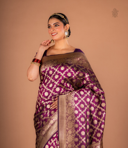 Handwoven Pure Katan Grand Bridal Silk Benarasi Saree Dark Purple