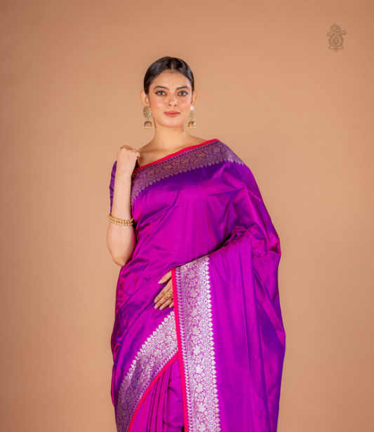 Handwoven Pure Kariyal Benarasi Saree Magenta Silver