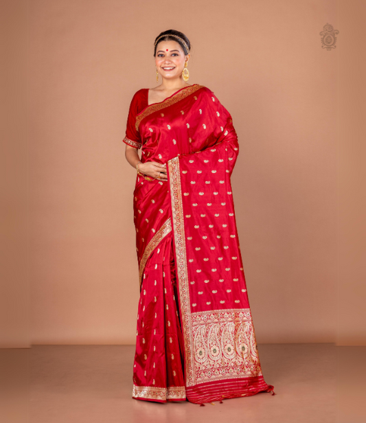 Handwoven Pure Katan Silk Kadhua Kairi Benarasi Saree Red