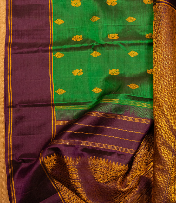 Pure Zari Kanjivaram Saree - Green & Coffee Border