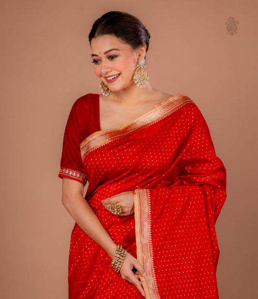 Handwoven Pure Chanderi Zari Benarasi Silk Cotton Saree Deep Red