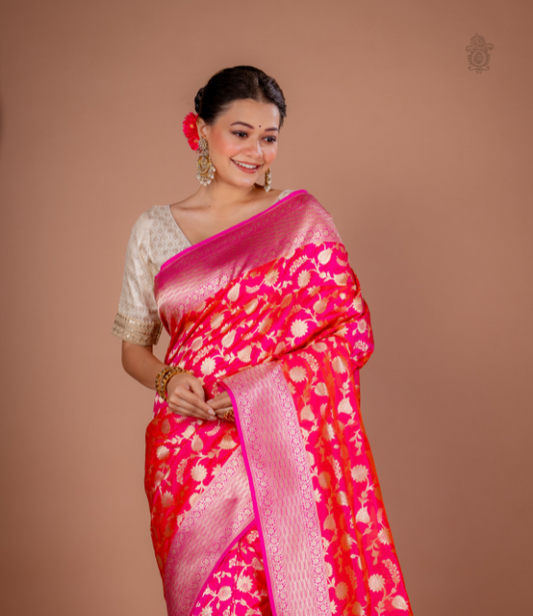 Handwoven Pure Bridal Benarasi Cutwork Saree Gajri Pink