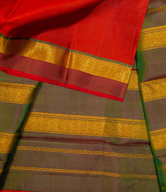 Pure Zari Kanjivaram Saree - Brick Orange & Green