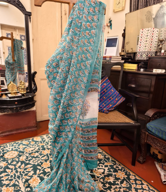 Turquoise Blue Floral Printed Chiffon Saree
