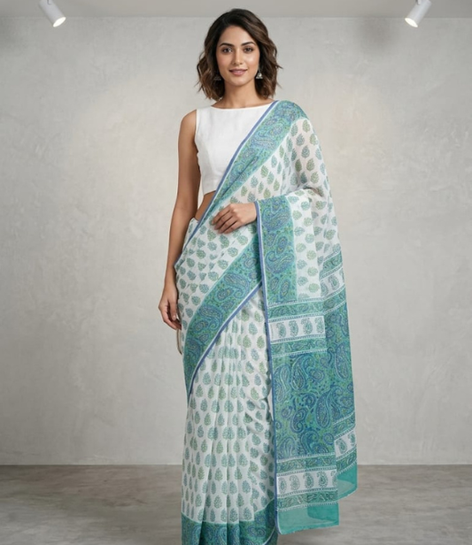 Teal & White Printed Pure Cotton Kota Doria Saree