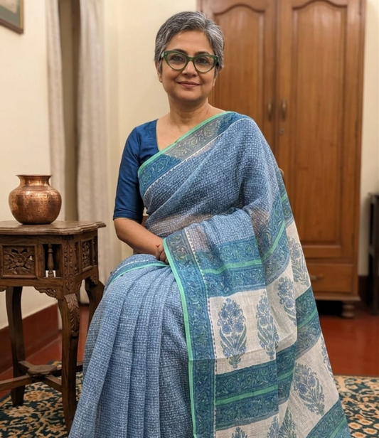 Azure Meadow Kota Doria Pure Cotton Block Printed Saree