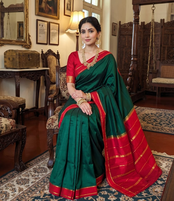 Deep Green & Vibrant Red Pure Mysore Crepe Silk Saree