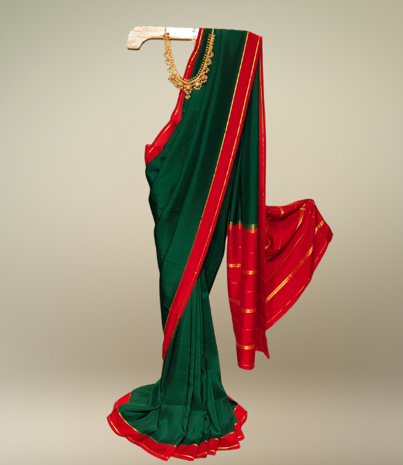 Deep Green & Vibrant Red Pure Mysore Crepe Silk Saree