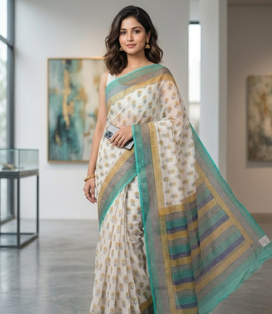Sunlit Fern Kota Doria Pure Cotton Block Printed Saree