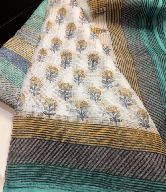 Sunlit Fern Kota Doria Pure Cotton Block Printed Saree