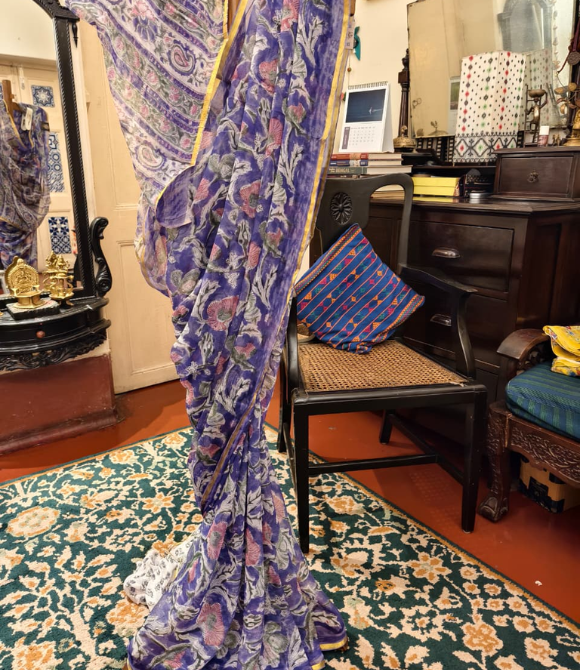 Royal Purple Floral Printed Chiffon Saree
