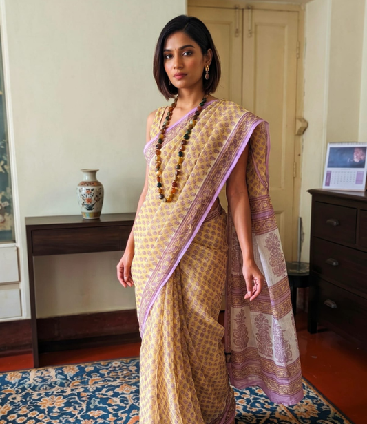 Golden Blossom Kota Doria Pure Cotton Block Printed Saree