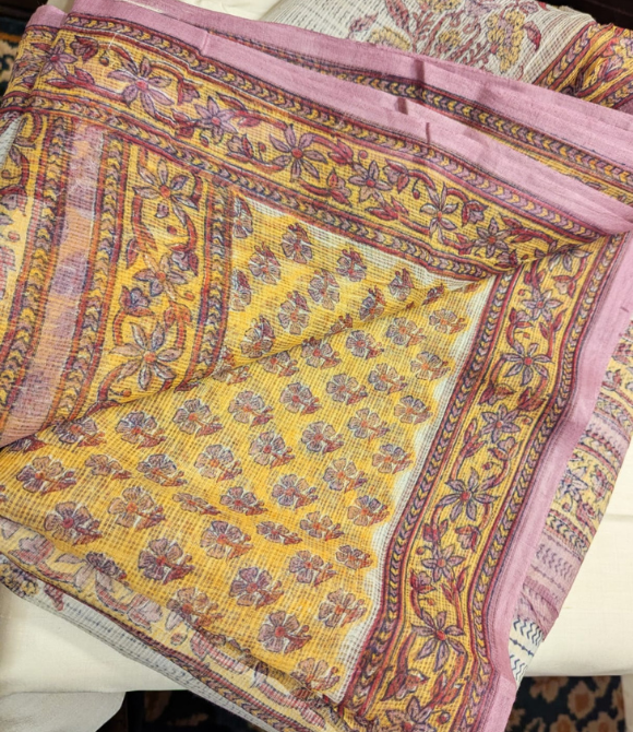 Golden Blossom Kota Doria Pure Cotton Block Printed Saree