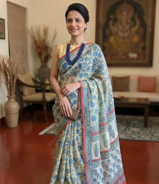 Indigo Kota Doria Pure Cotton Block Printed Saree