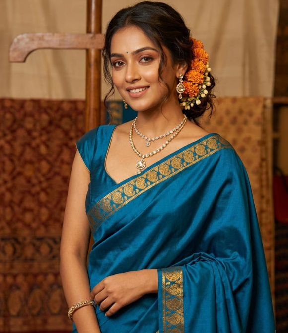 Peacock Blue Pure Mysore Crepe Silk Saree with Paisley Zari Border