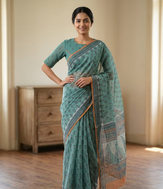 Verdant Bloom Kota Doria Pure Cotton Block Printed Saree