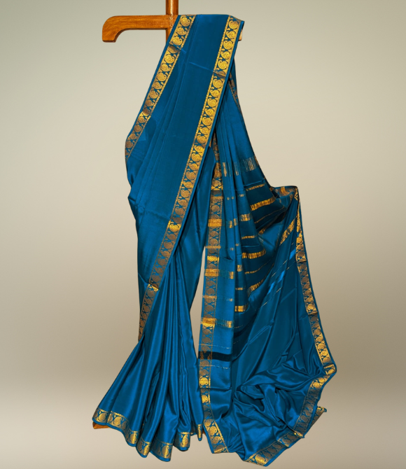 Peacock Blue Pure Mysore Crepe Silk Saree with Paisley Zari Border