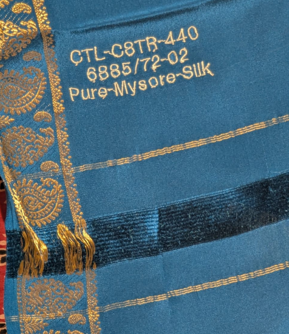 Peacock Blue Pure Mysore Crepe Silk Saree with Paisley Zari Border