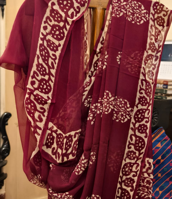 Deep Maroon Ethnic Printed Chiffon Saree